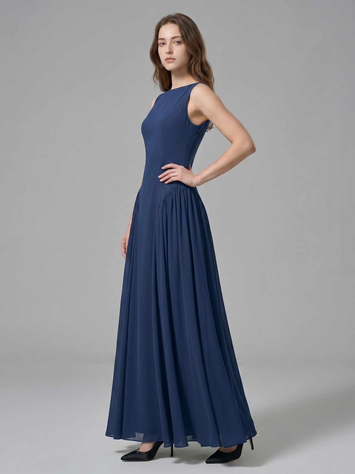 Navy Blue Chiffon A-Line Scoop Neck Floor-Length Bridesmaid Dress with Pleated Elements