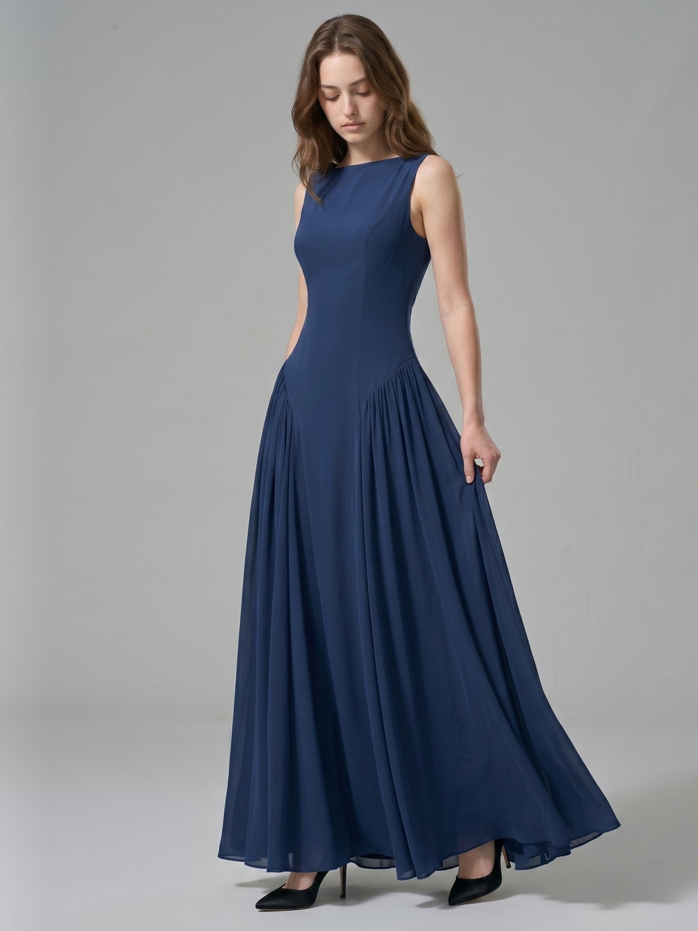 Navy Blue Chiffon A-Line Scoop Neck Floor-Length Bridesmaid Dress with Pleated Elements