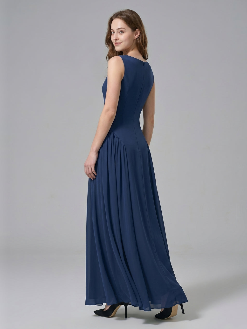 Navy Blue Chiffon A-Line Scoop Neck Floor-Length Bridesmaid Dress with Pleated Elements