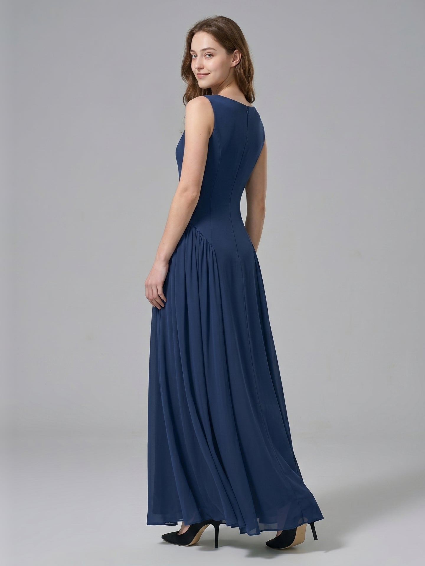 Navy Blue Chiffon A-Line Scoop Neck Floor-Length Bridesmaid Dress with Pleated Elements