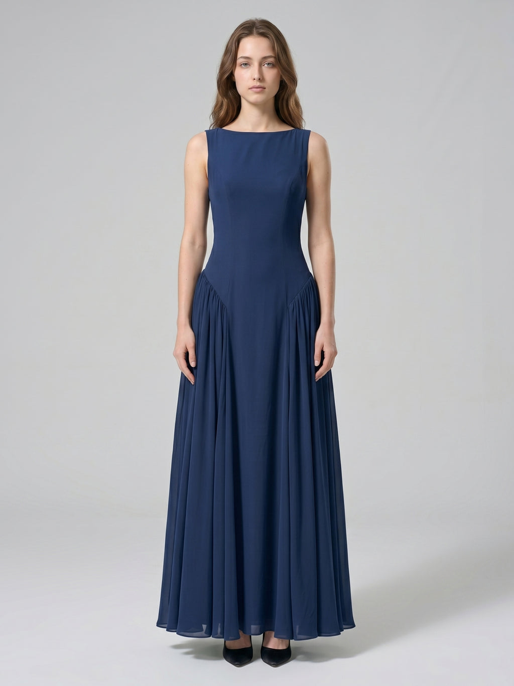 Navy Blue Chiffon A-Line Scoop Neck Floor-Length Bridesmaid Dress with Pleated Elements