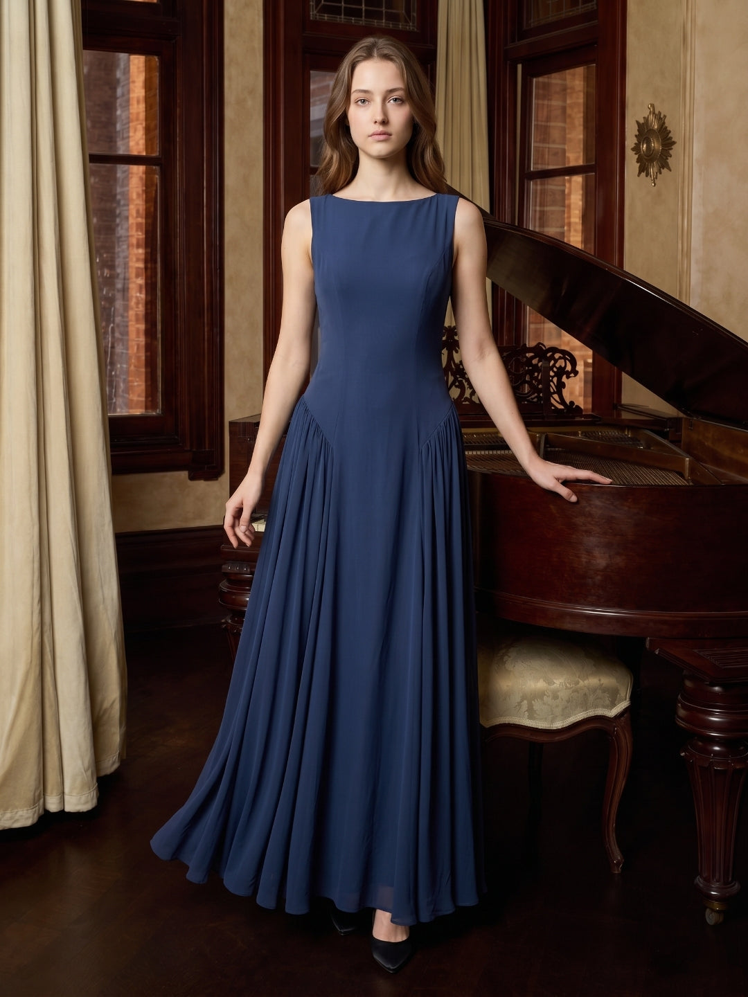 Navy Blue Chiffon A-Line Scoop Neck Floor-Length Bridesmaid Dress with Pleated Elements