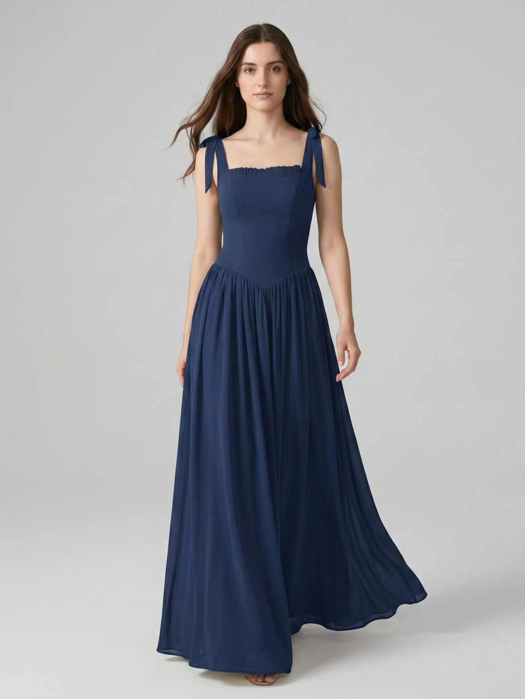 Navy Blue Chiffon A-Line Square Neck Back Zip Floor-Length Bridesmaid Dress with Pleated Accents