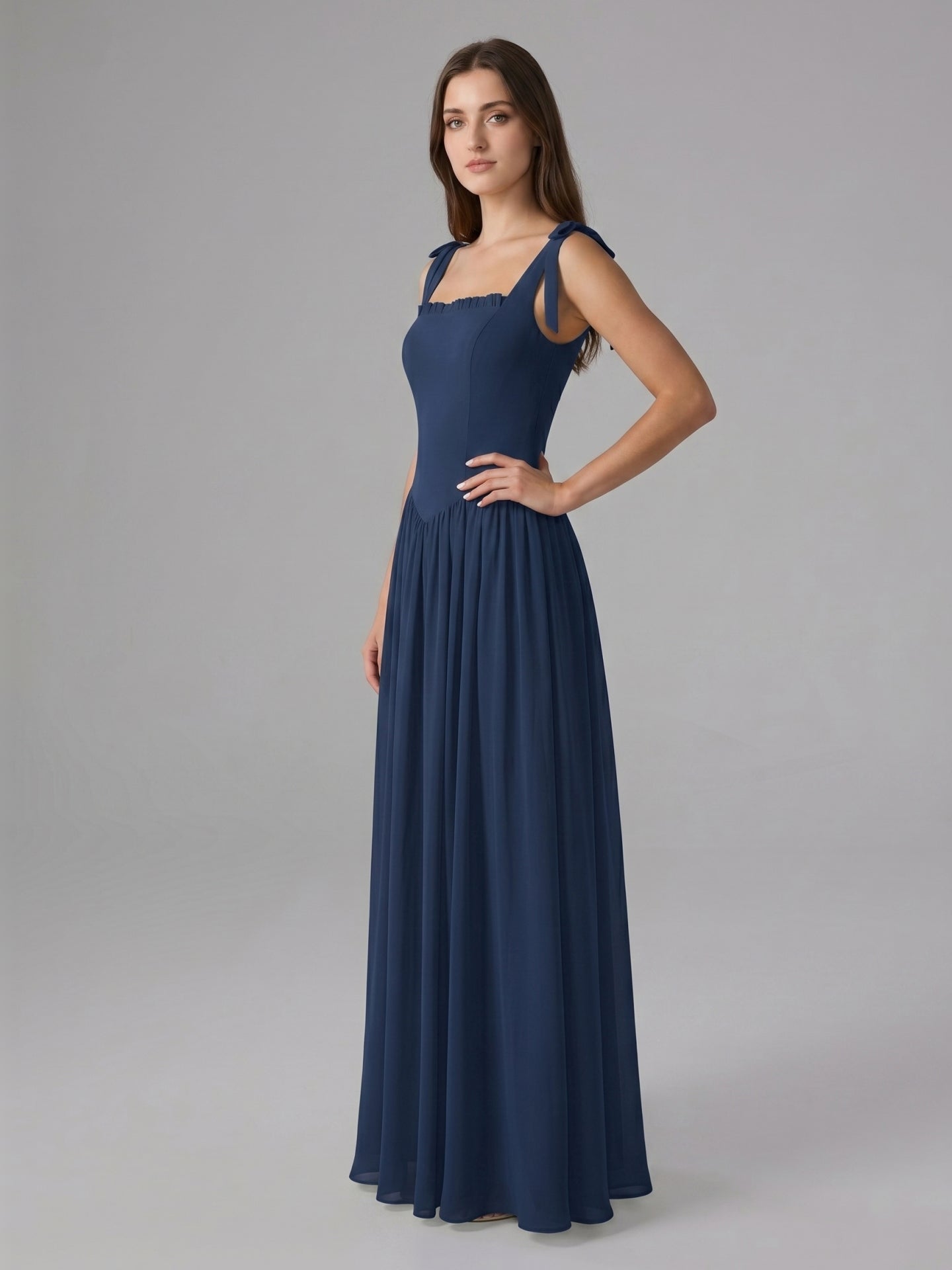 Navy Blue Chiffon A-Line Square Neck Back Zip Floor-Length Bridesmaid Dress with Pleated Accents