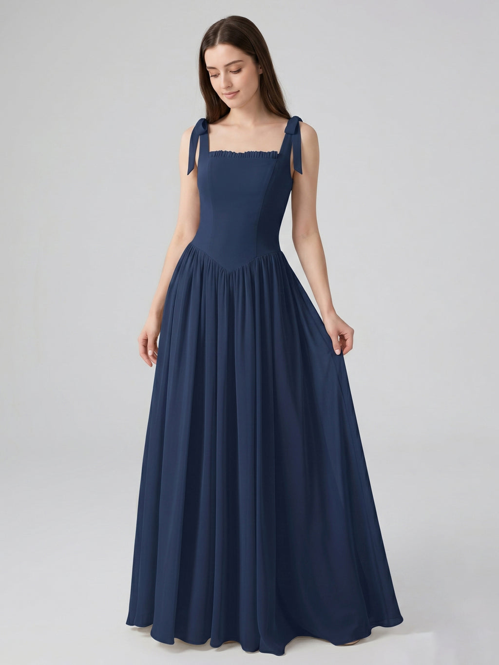 Navy Blue Chiffon A-Line Square Neck Back Zip Floor-Length Bridesmaid Dress with Pleated Accents