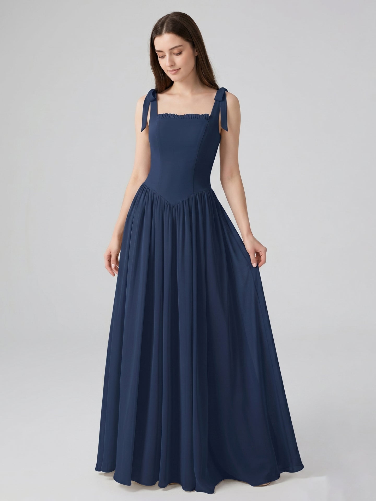 Navy Blue Chiffon A-Line Square Neck Back Zip Floor-Length Bridesmaid Dress with Pleated Accents