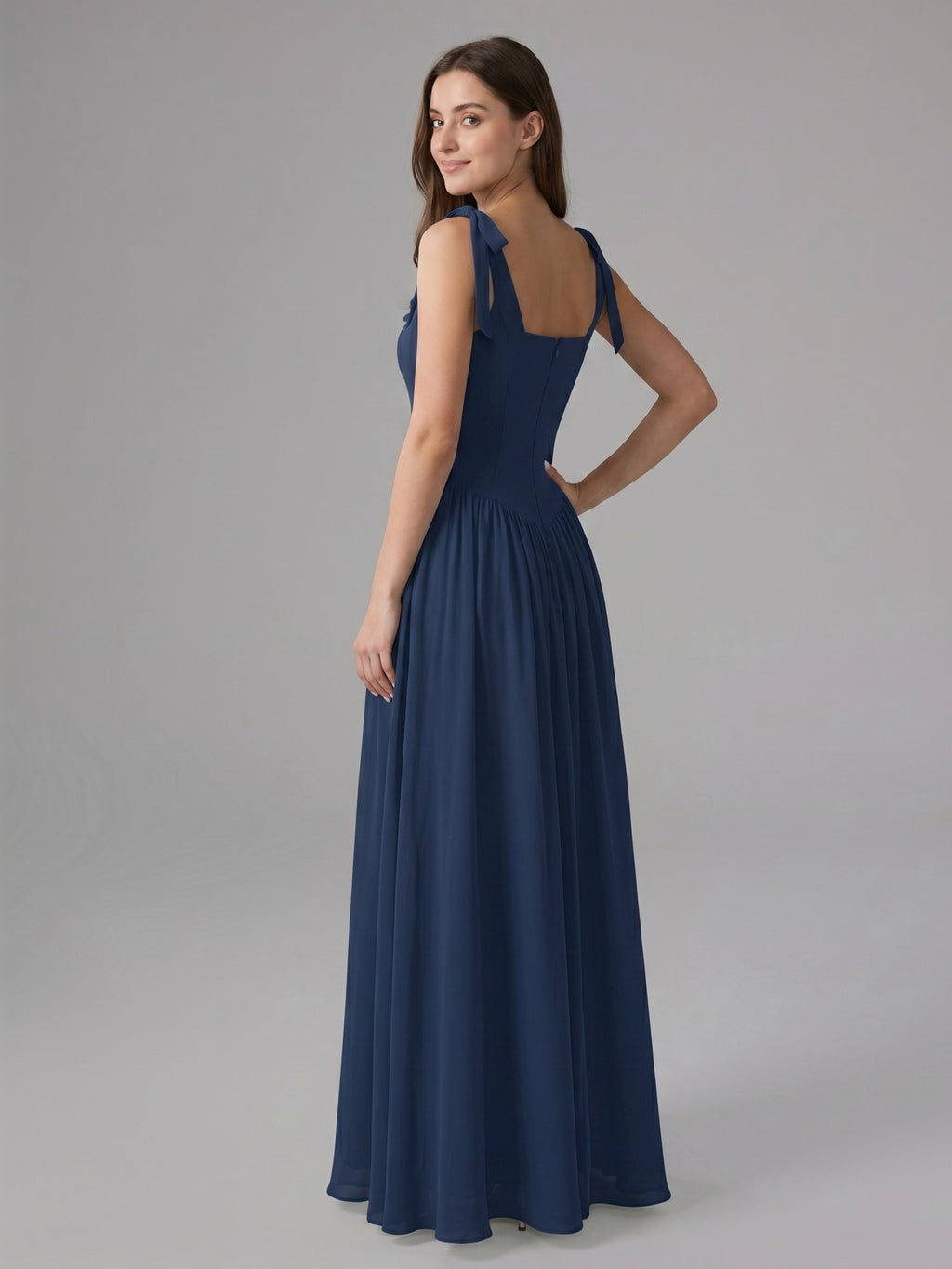 Navy Blue Chiffon A-Line Square Neck Back Zip Floor-Length Bridesmaid Dress with Pleated Accents