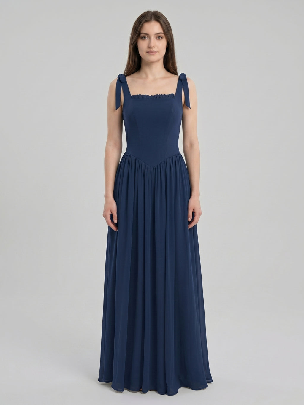 Navy Blue Chiffon A-Line Square Neck Back Zip Floor-Length Bridesmaid Dress with Pleated Accents