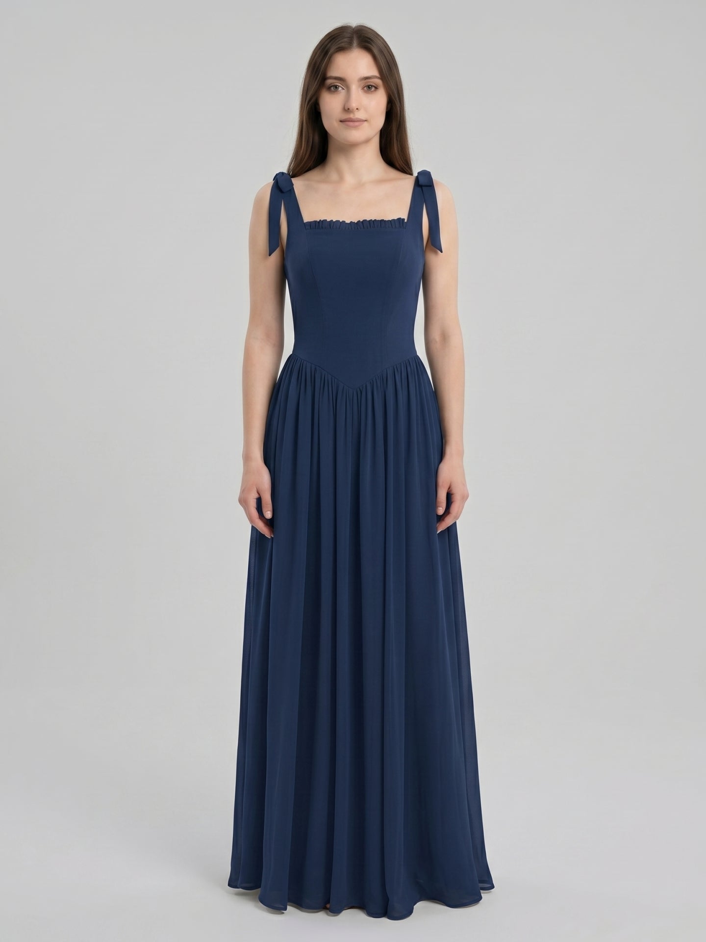 Navy Blue Chiffon A-Line Square Neck Back Zip Floor-Length Bridesmaid Dress with Pleated Accents