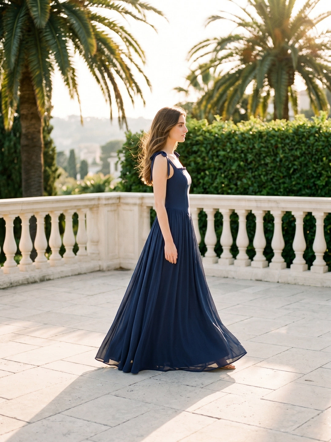 Navy Blue Chiffon A-Line Square Neck Back Zip Floor-Length Bridesmaid Dress with Pleated Accents