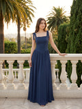 Navy Blue Chiffon A-Line Square Neck Back Zip Floor-Length Bridesmaid Dress with Pleated Accents