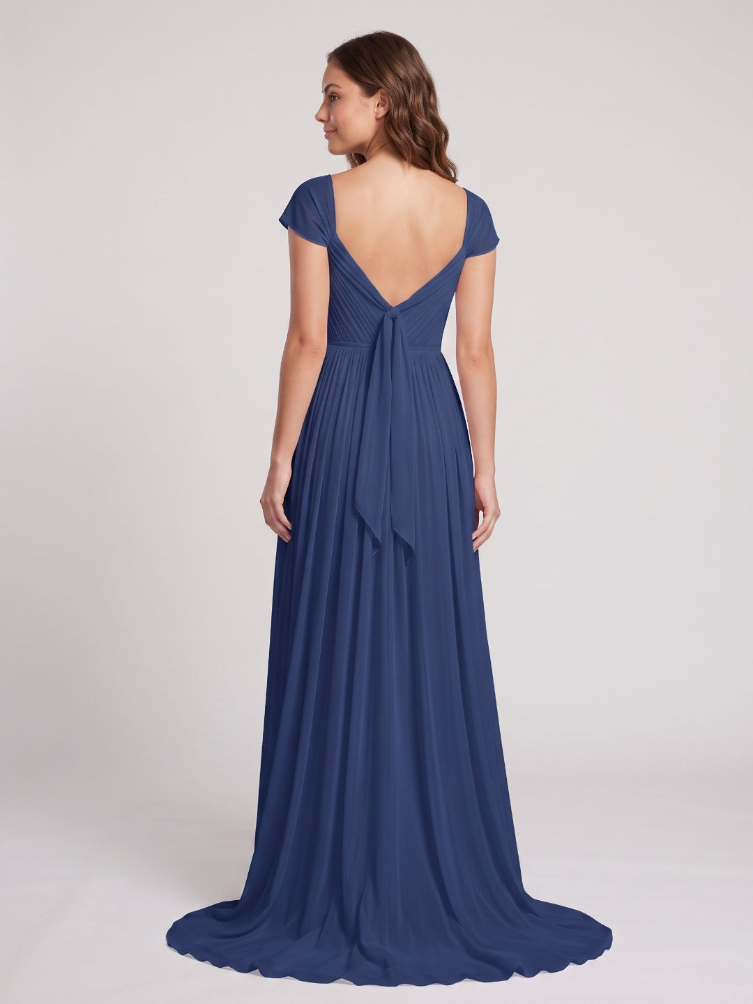 Navy Blue Chiffon A-Line Square Neck Backless Floor-Length Prom Dress