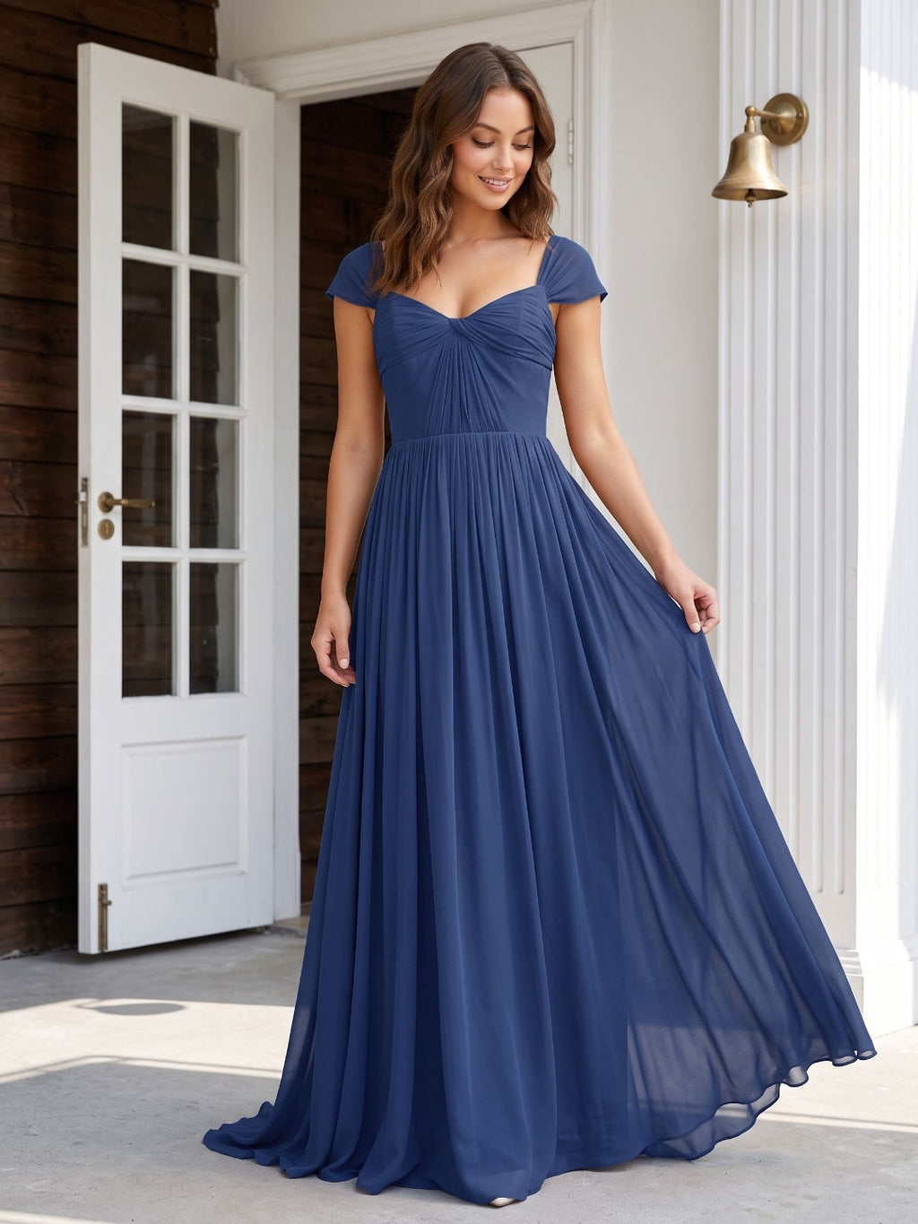 Navy Blue Chiffon A-Line Square Neck Backless Floor-Length Prom Dress