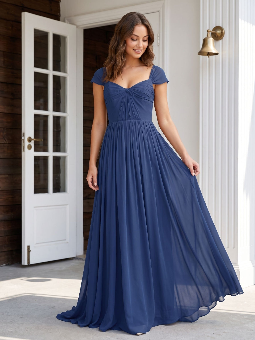 Navy Blue Chiffon A-Line Square Neck Backless Floor-Length Prom Dress