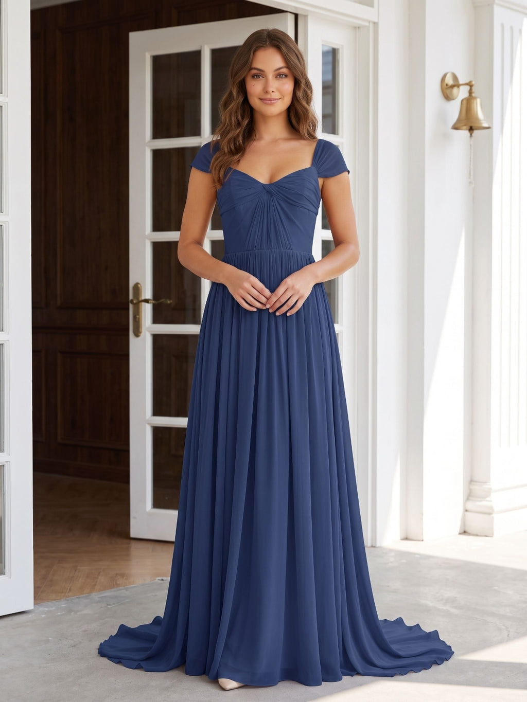 Navy Blue Chiffon A-Line Square Neck Backless Floor-Length Prom Dress