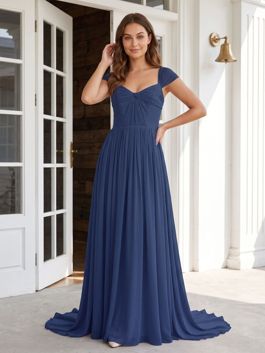 Navy Blue Chiffon A-Line Square Neck Backless Floor-Length Prom Dress