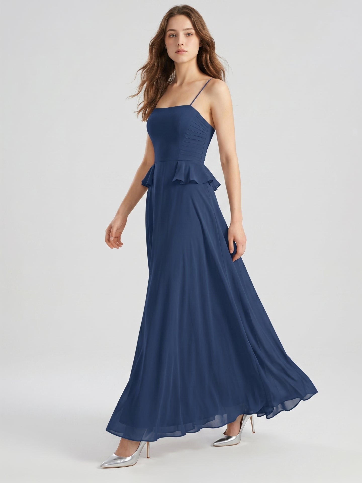 Navy Blue Chiffon A-Line Square Neck Criss-Cross Straps Floor-Length Bridesmaid Dress