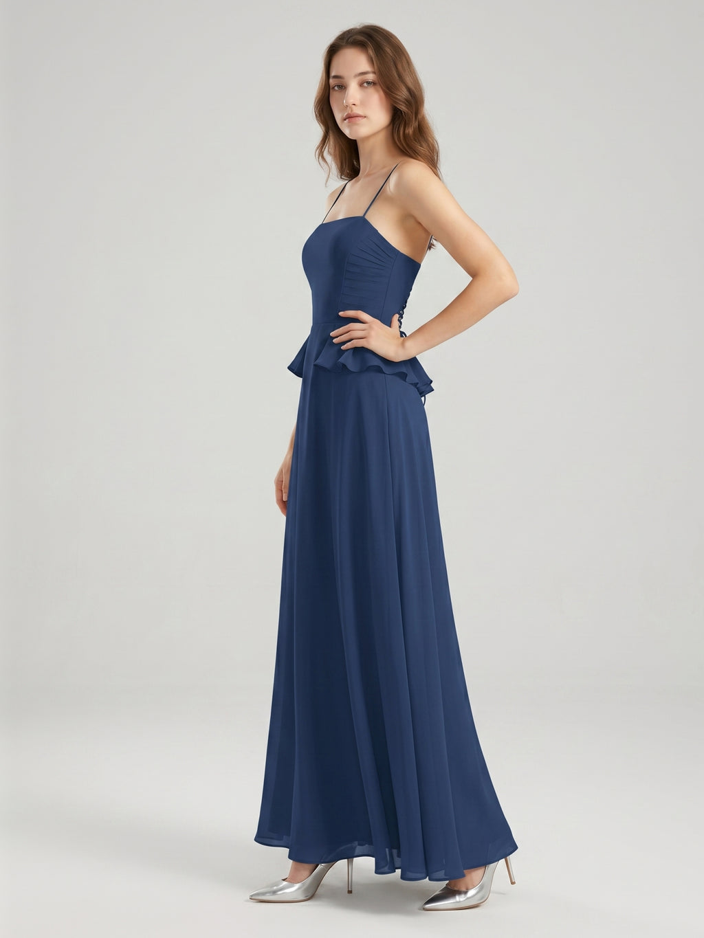 Navy Blue Chiffon A-Line Square Neck Criss-Cross Straps Floor-Length Bridesmaid Dress