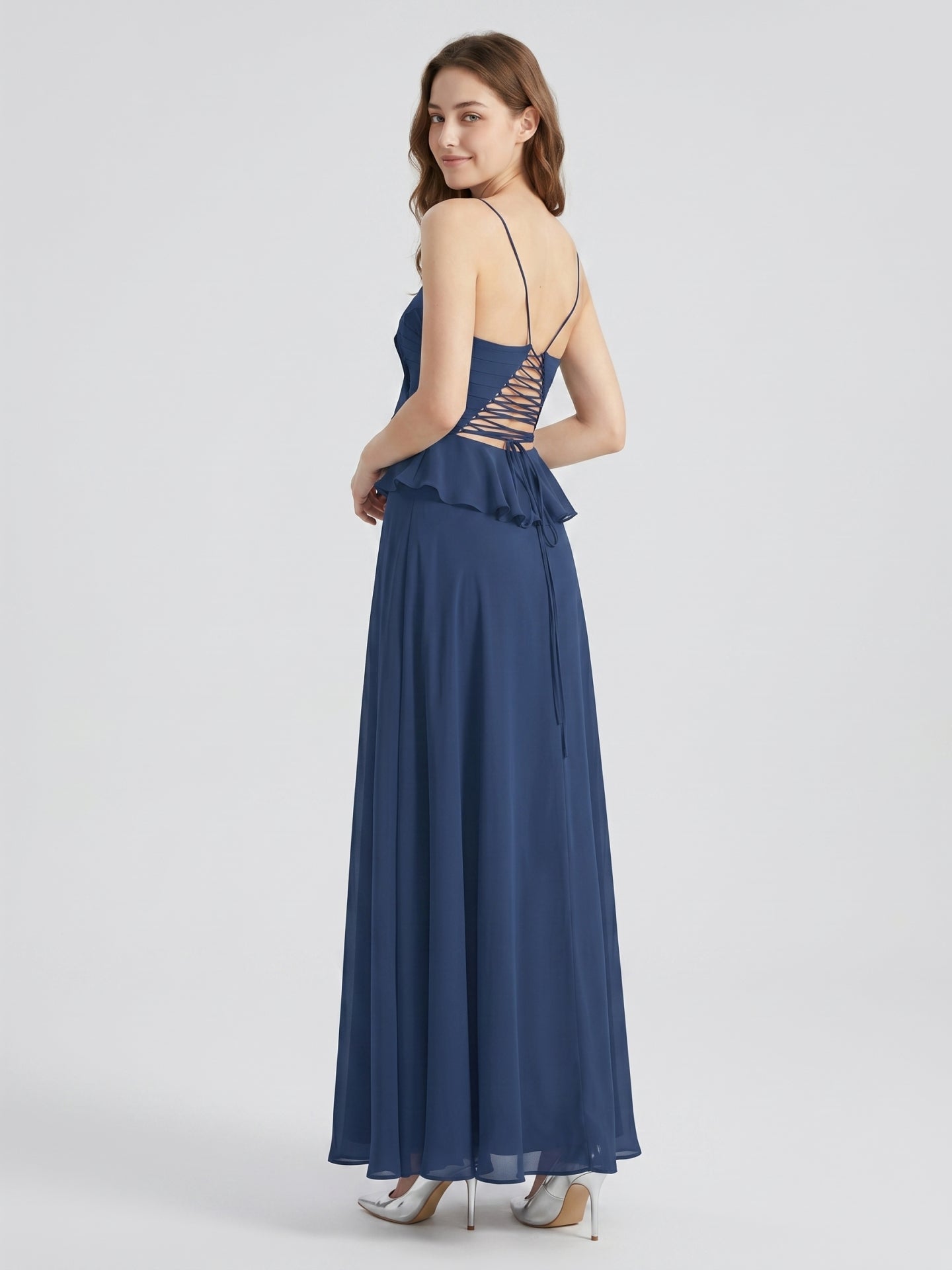 Navy Blue Chiffon A-Line Square Neck Criss-Cross Straps Floor-Length Bridesmaid Dress