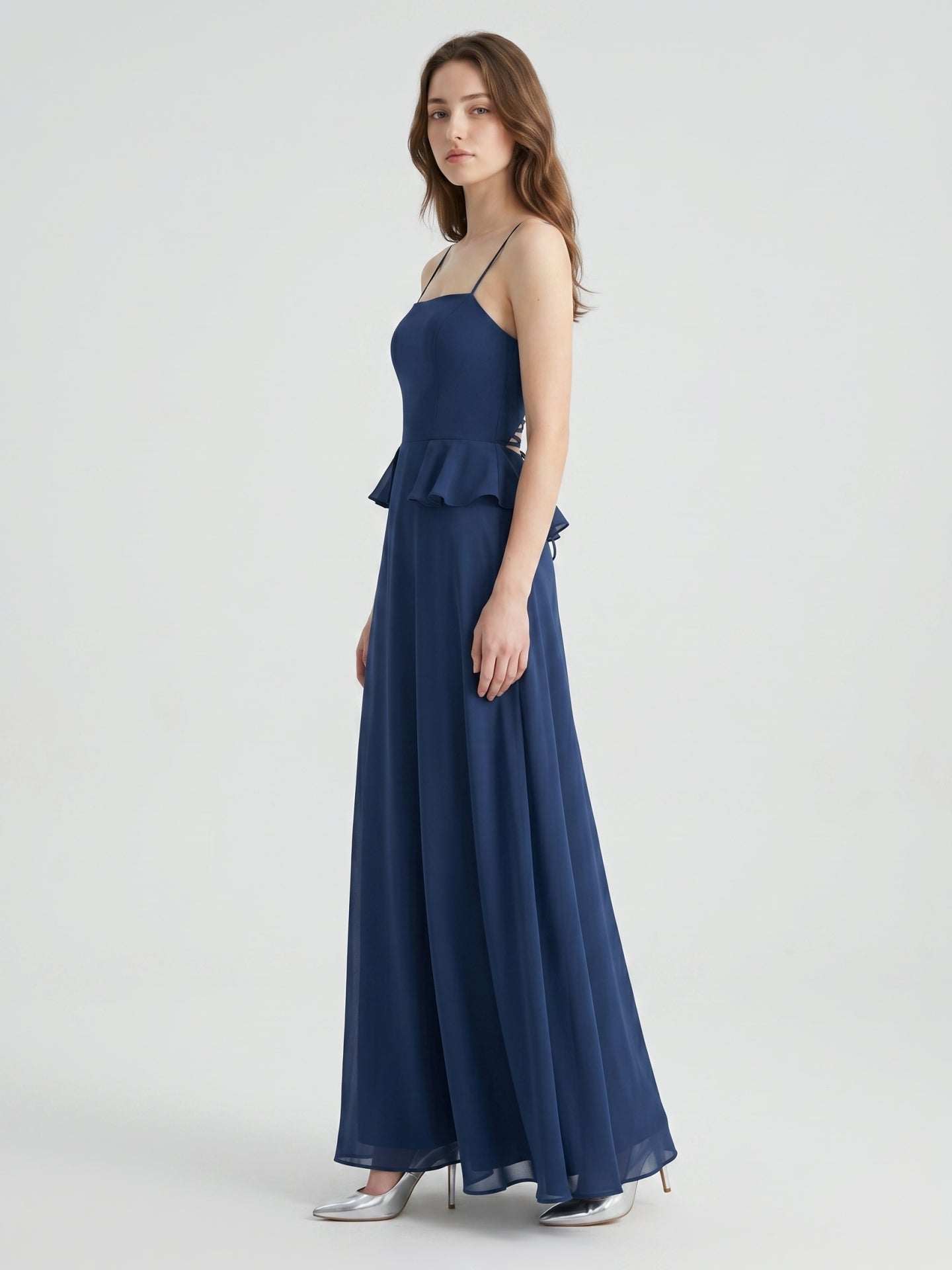 Navy Blue Chiffon A-Line Square Neck Criss-Cross Straps Floor-Length Bridesmaid Dress