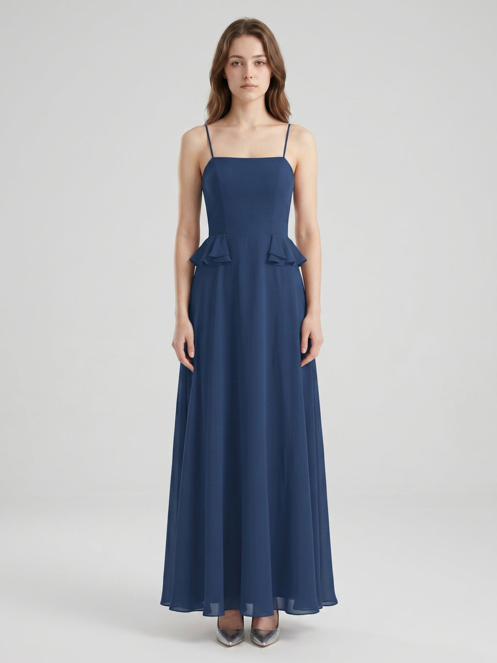 Navy Blue Chiffon A-Line Square Neck Criss-Cross Straps Floor-Length Bridesmaid Dress