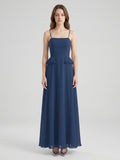 Navy Blue Chiffon A-Line Square Neck Criss-Cross Straps Floor-Length Bridesmaid Dress