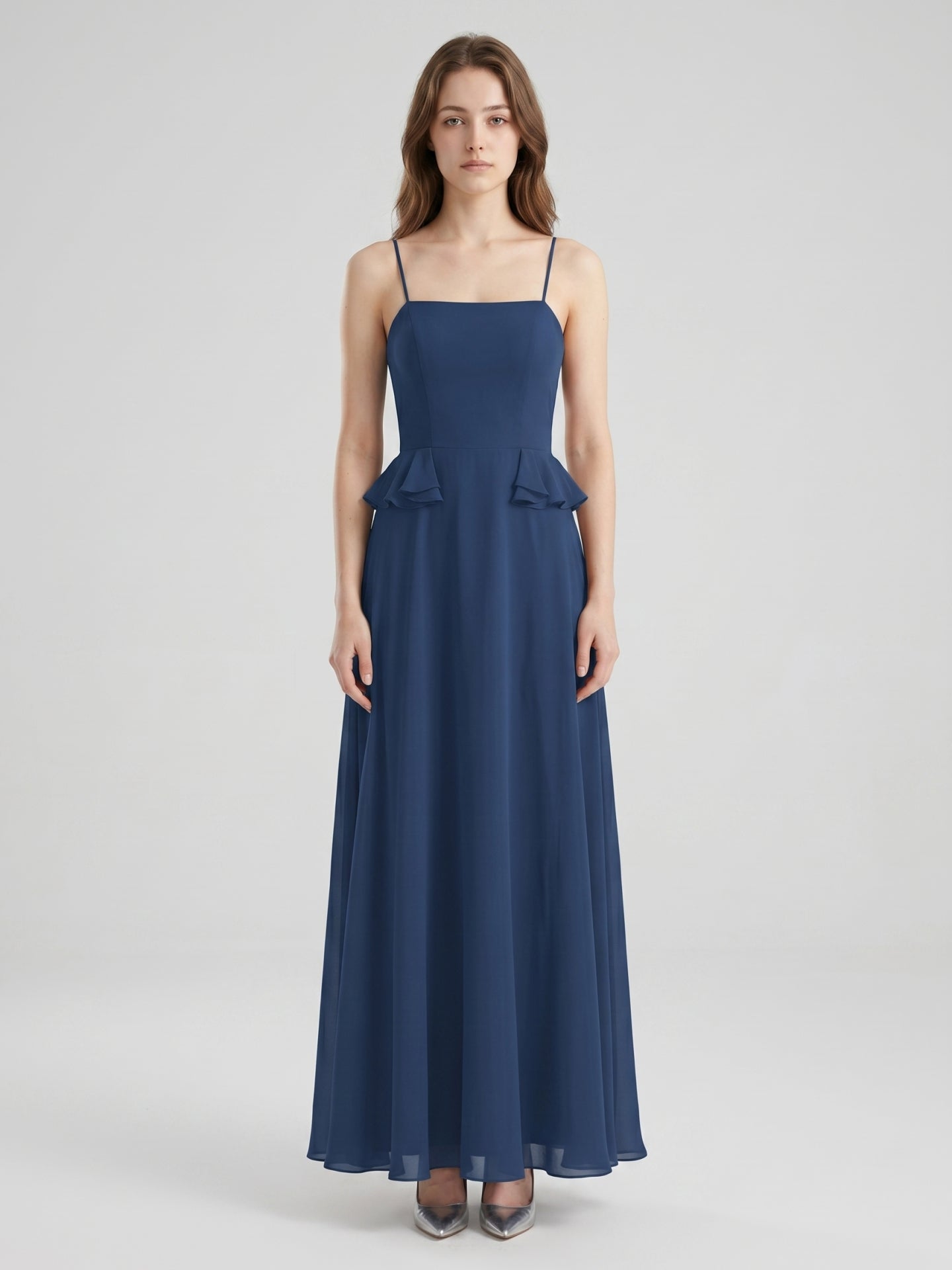 Navy Blue Chiffon A-Line Square Neck Criss-Cross Straps Floor-Length Bridesmaid Dress