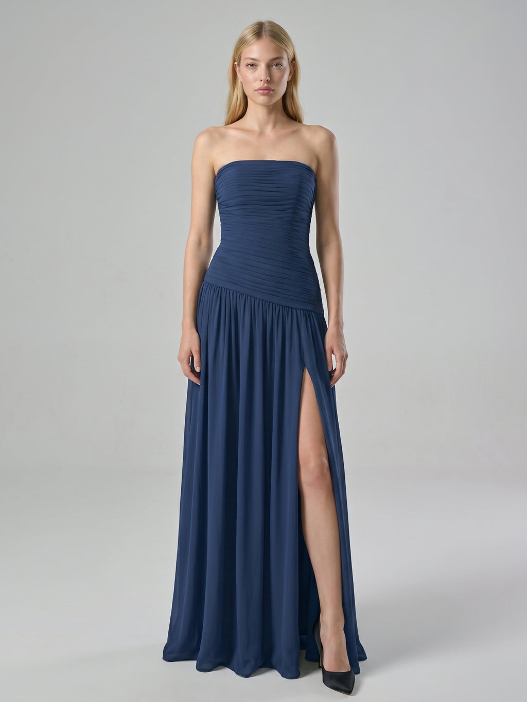 Navy Blue Chiffon A-Line Straight Neck Side Zip Floor-Length Bridesmaid Dress with Pleating