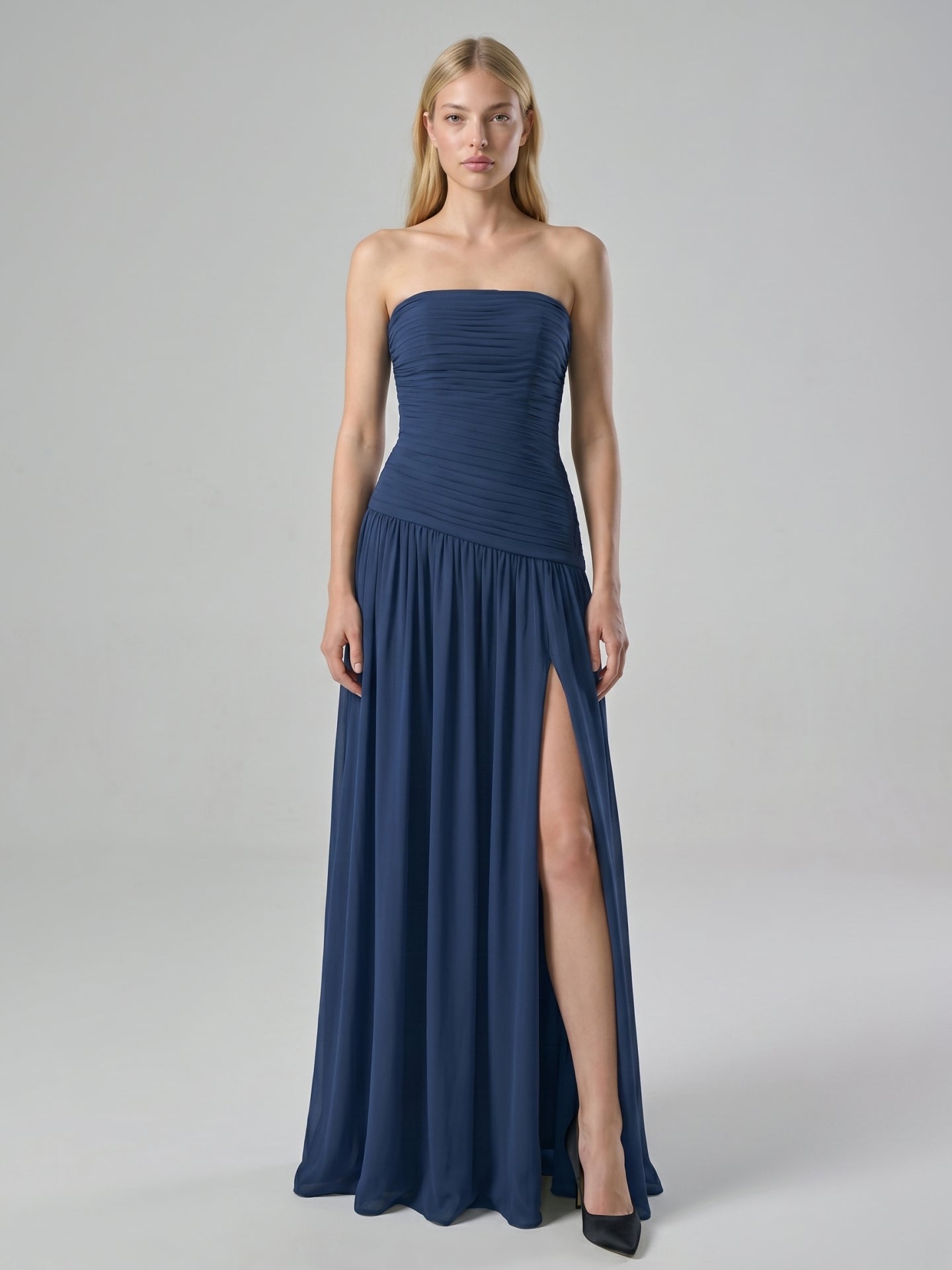 Navy Blue Chiffon A-Line Straight Neck Side Zip Floor-Length Bridesmaid Dress with Pleating