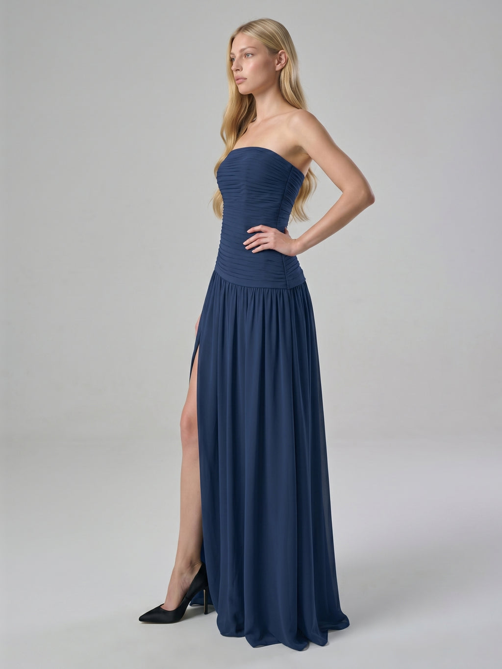 Navy Blue Chiffon A-Line Straight Neck Side Zip Floor-Length Bridesmaid Dress with Pleating