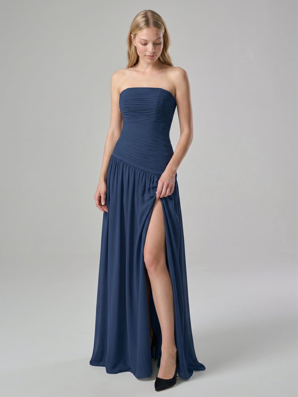 Navy Blue Chiffon A-Line Straight Neck Side Zip Floor-Length Bridesmaid Dress with Pleating