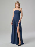 Navy Blue Chiffon A-Line Straight Neck Side Zip Floor-Length Bridesmaid Dress with Pleating