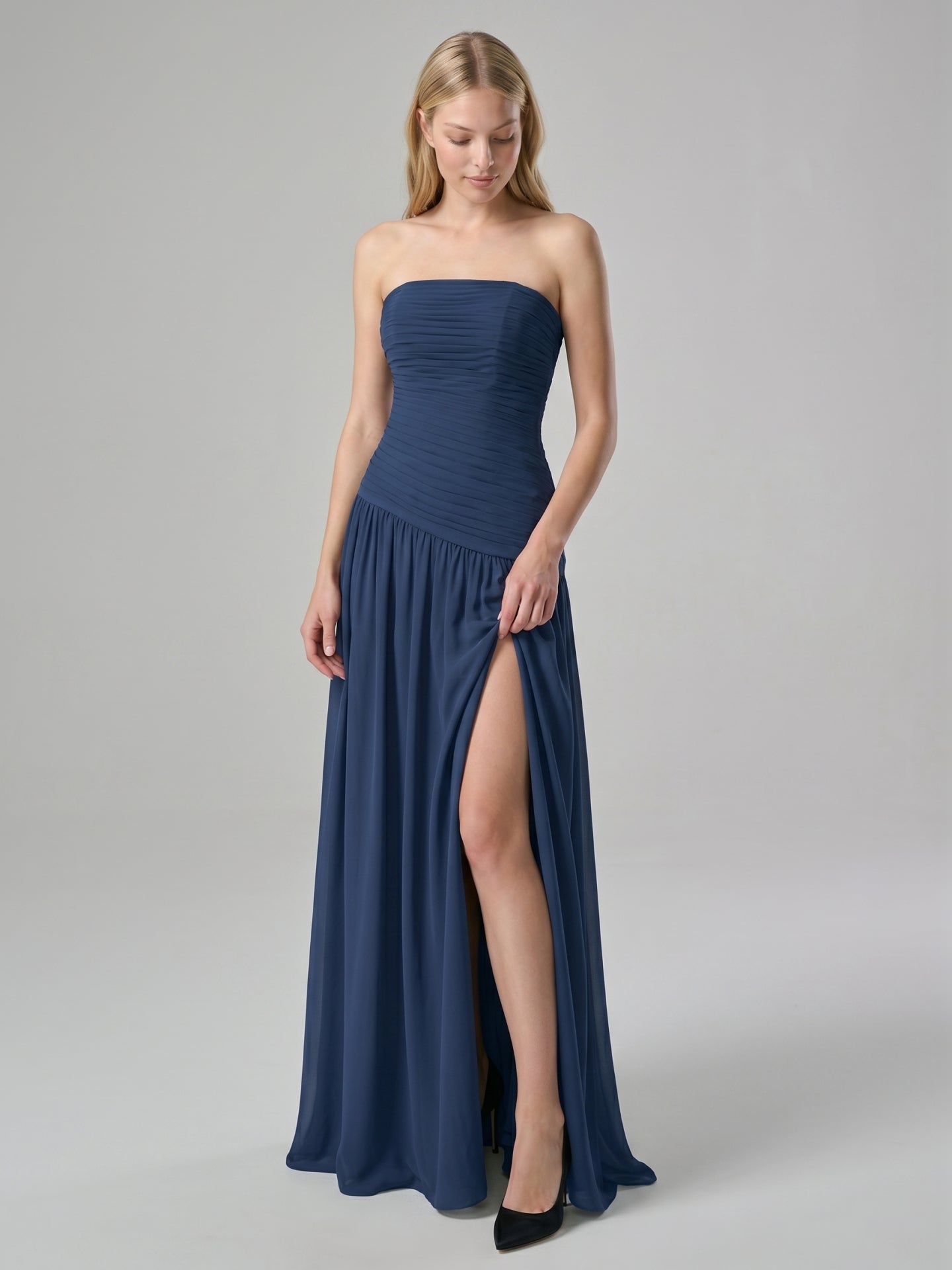 Navy Blue Chiffon A-Line Straight Neck Side Zip Floor-Length Bridesmaid Dress with Pleating