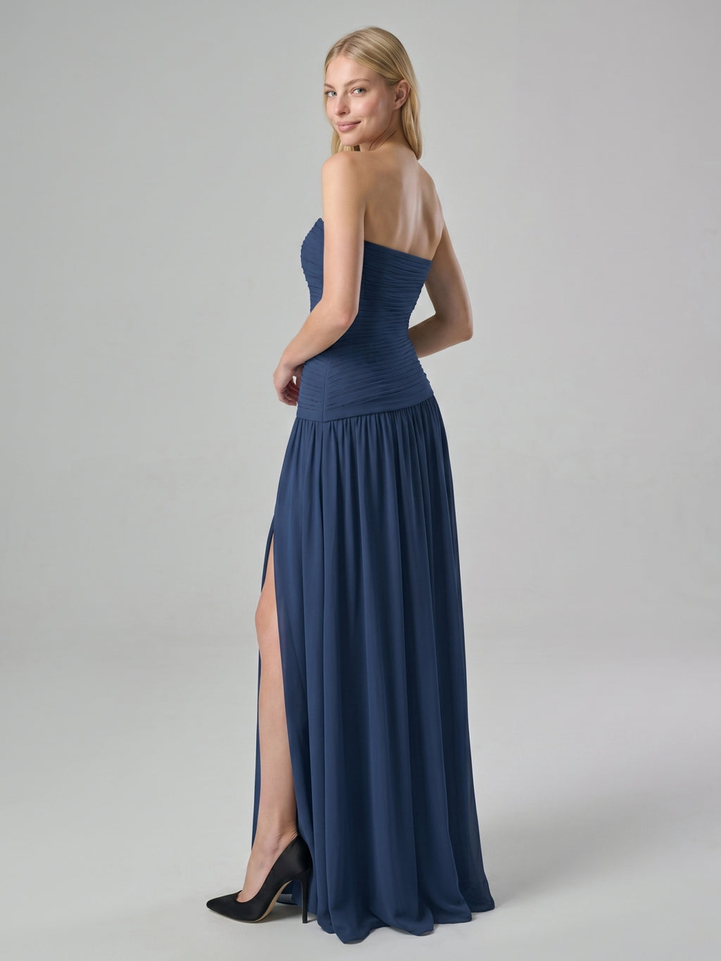 Navy Blue Chiffon A-Line Straight Neck Side Zip Floor-Length Bridesmaid Dress with Pleating