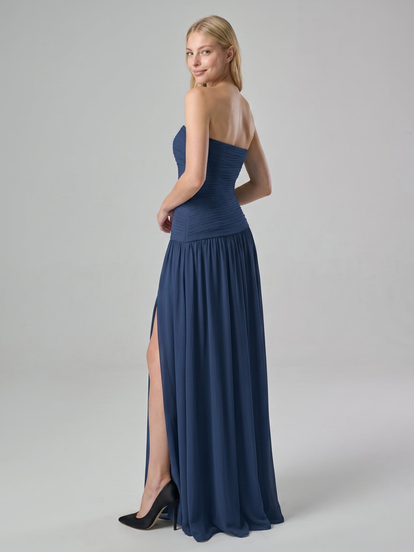 Navy Blue Chiffon A-Line Straight Neck Side Zip Floor-Length Bridesmaid Dress with Pleating