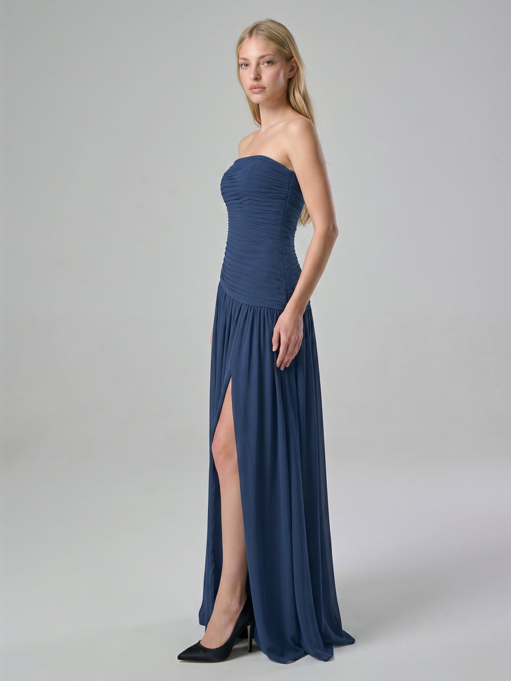 Navy Blue Chiffon A-Line Straight Neck Side Zip Floor-Length Bridesmaid Dress with Pleating