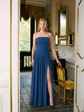 Navy Blue Chiffon A-Line Straight Neck Side Zip Floor-Length Bridesmaid Dress with Pleating