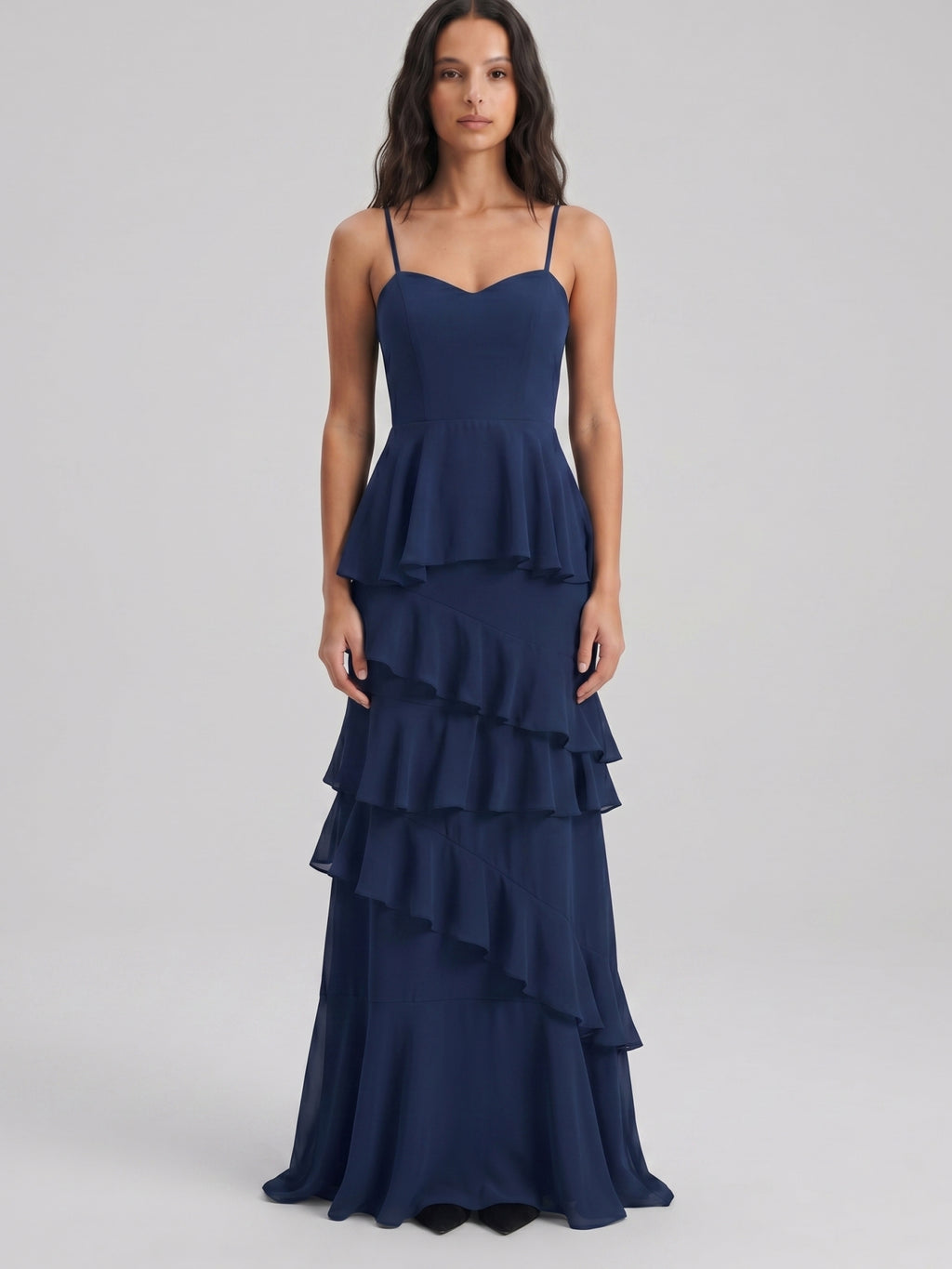Navy Blue Chiffon A-Line Sweetheart Back Zip Floor-Length Bridesmaid Dress with Cascading Ruffles