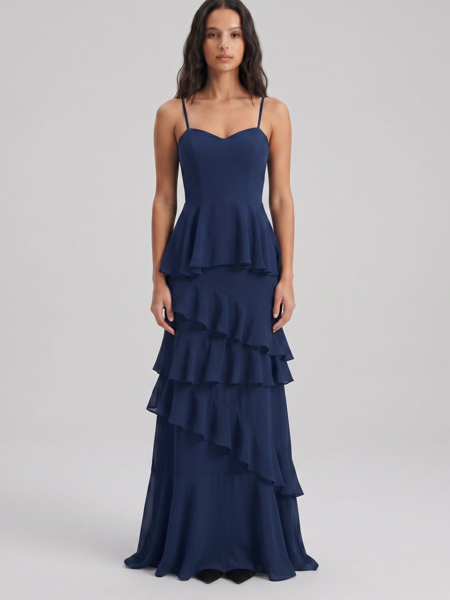Navy Blue Chiffon A-Line Sweetheart Back Zip Floor-Length Bridesmaid Dress with Cascading Ruffles