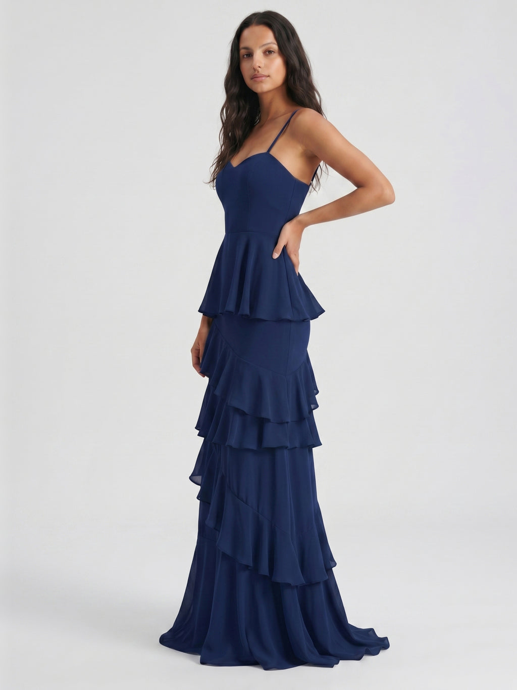 Navy Blue Chiffon A-Line Sweetheart Back Zip Floor-Length Bridesmaid Dress with Cascading Ruffles