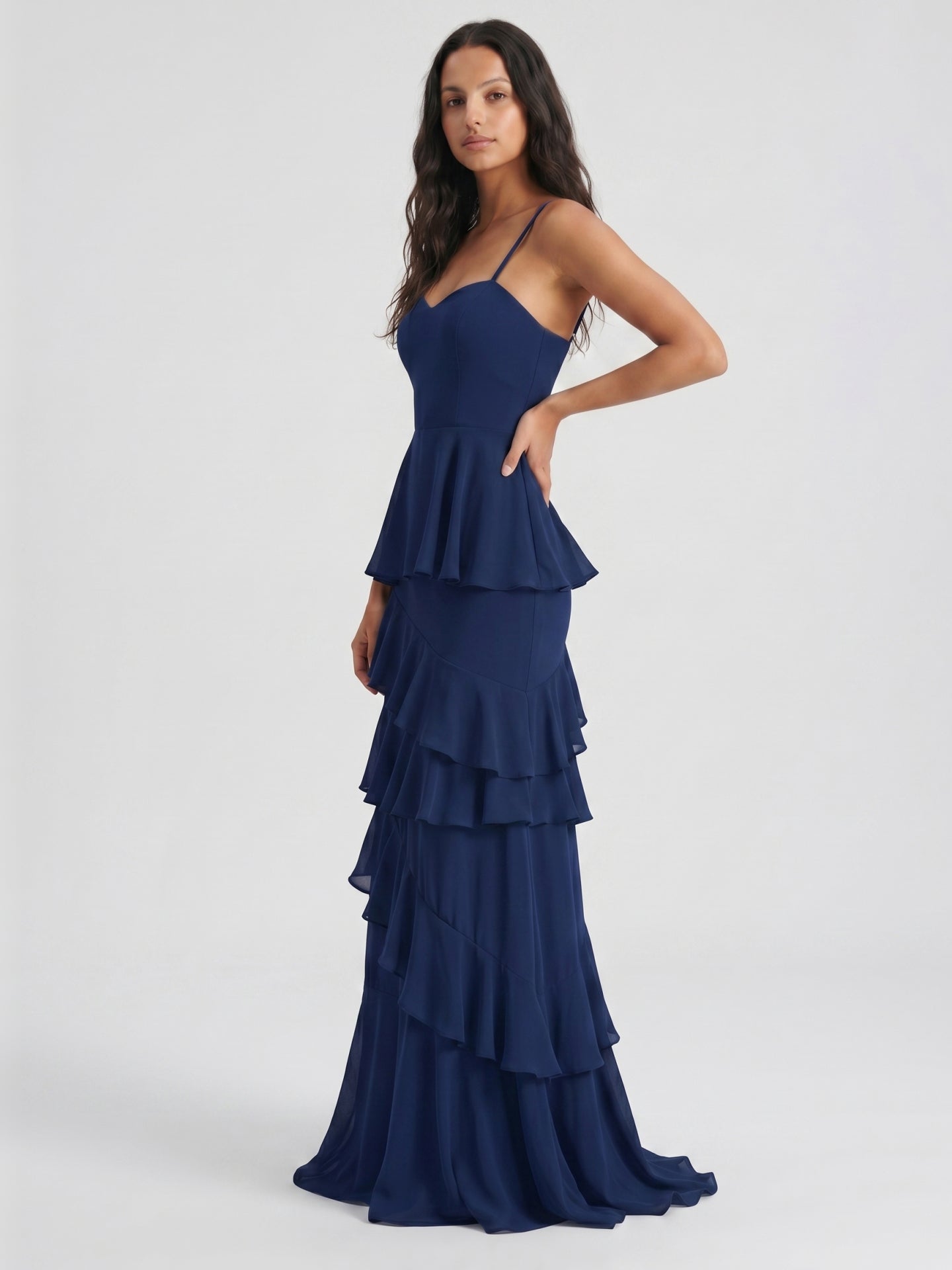 Navy Blue Chiffon A-Line Sweetheart Back Zip Floor-Length Bridesmaid Dress with Cascading Ruffles
