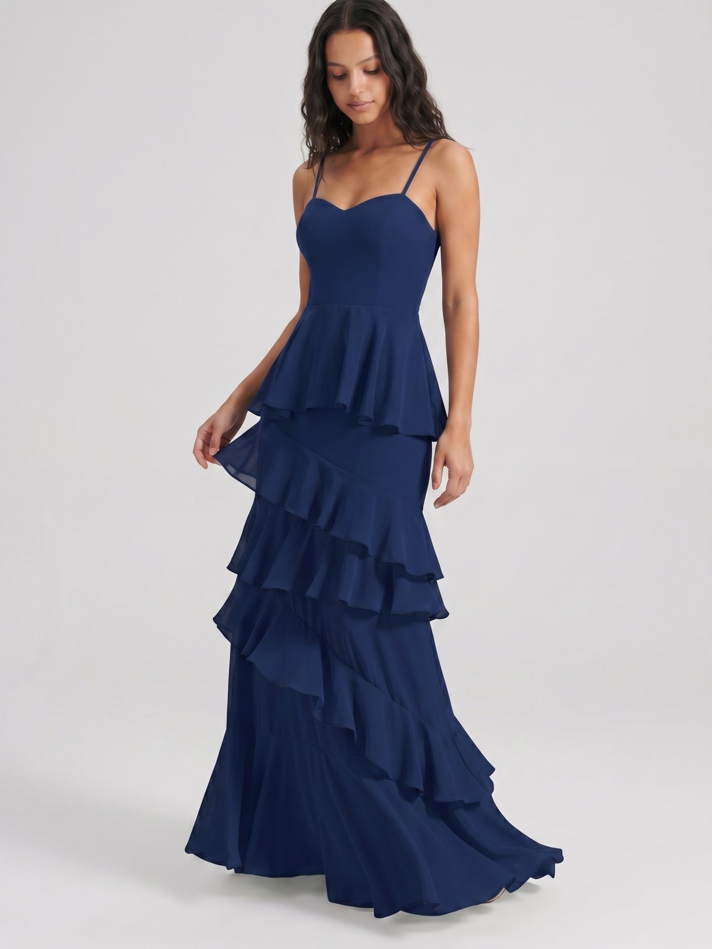 Navy Blue Chiffon A-Line Sweetheart Back Zip Floor-Length Bridesmaid Dress with Cascading Ruffles