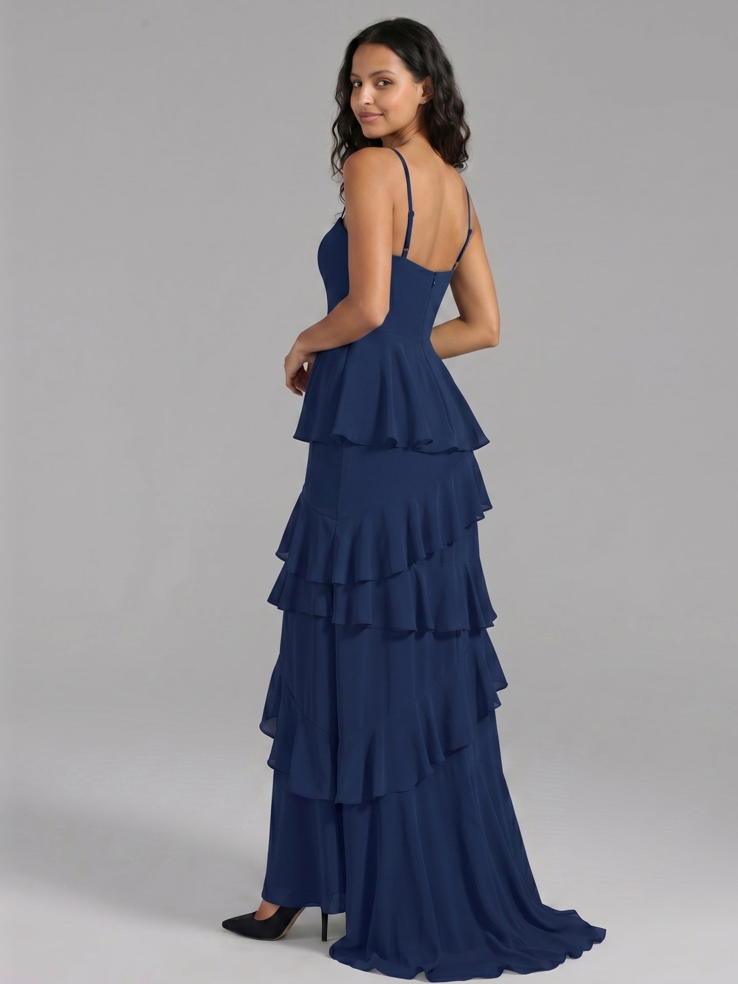 Navy Blue Chiffon A-Line Sweetheart Back Zip Floor-Length Bridesmaid Dress with Cascading Ruffles