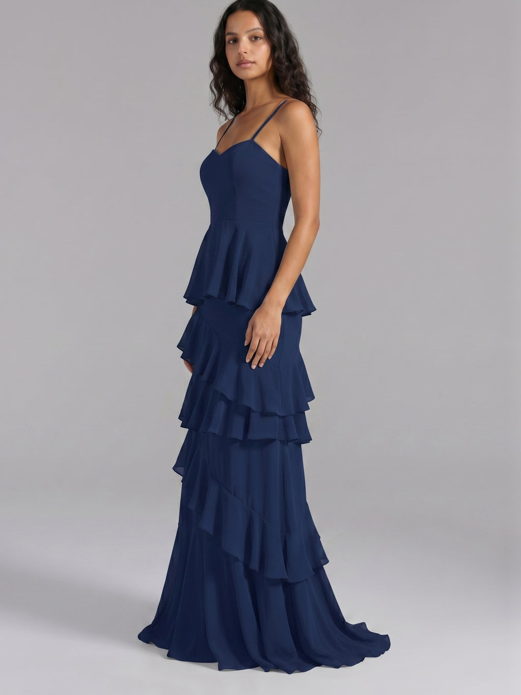 Navy Blue Chiffon A-Line Sweetheart Back Zip Floor-Length Bridesmaid Dress with Cascading Ruffles