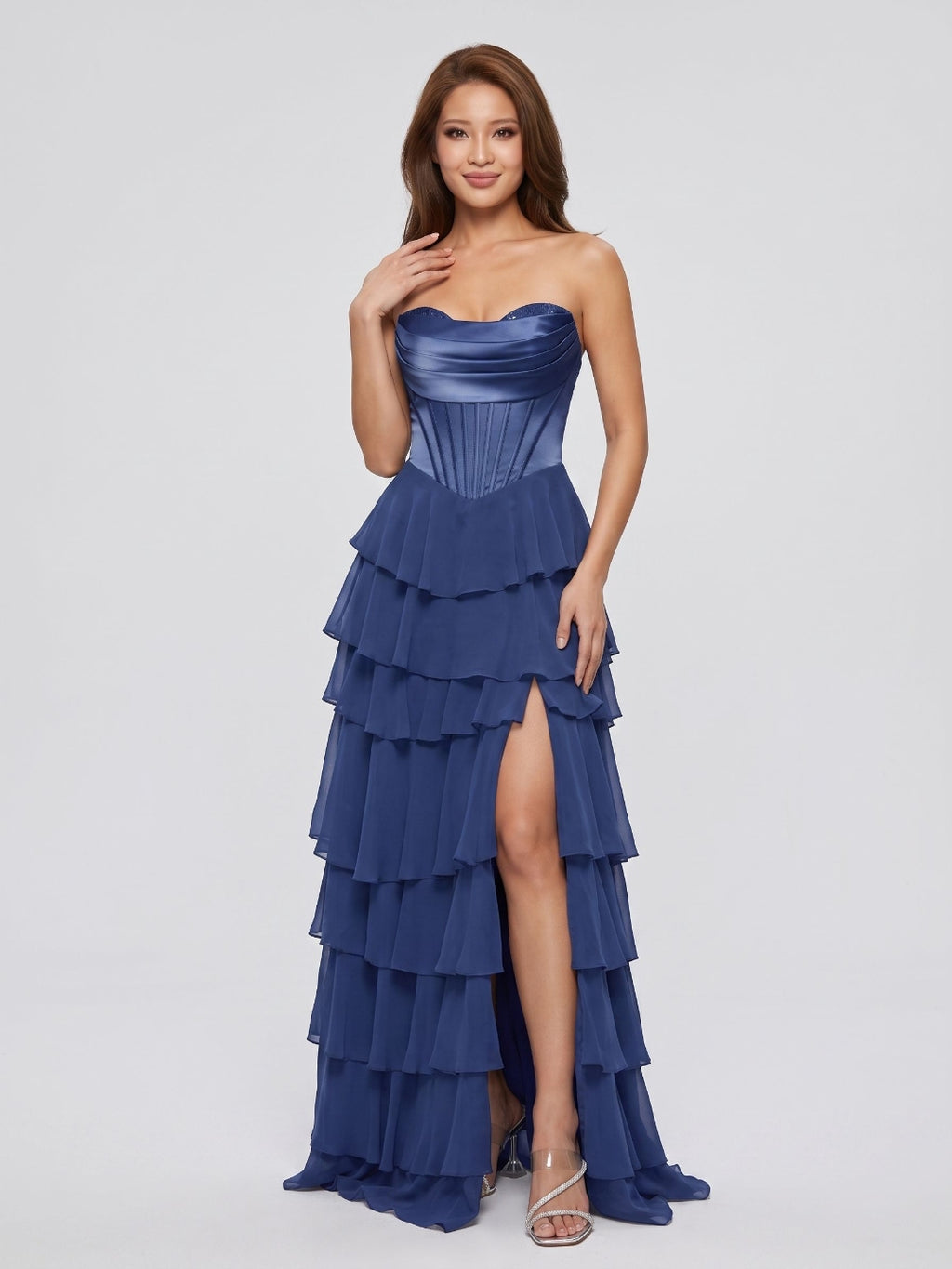 Navy Blue Chiffon A-Line Sweetheart Back Zip Floor-Length Dress