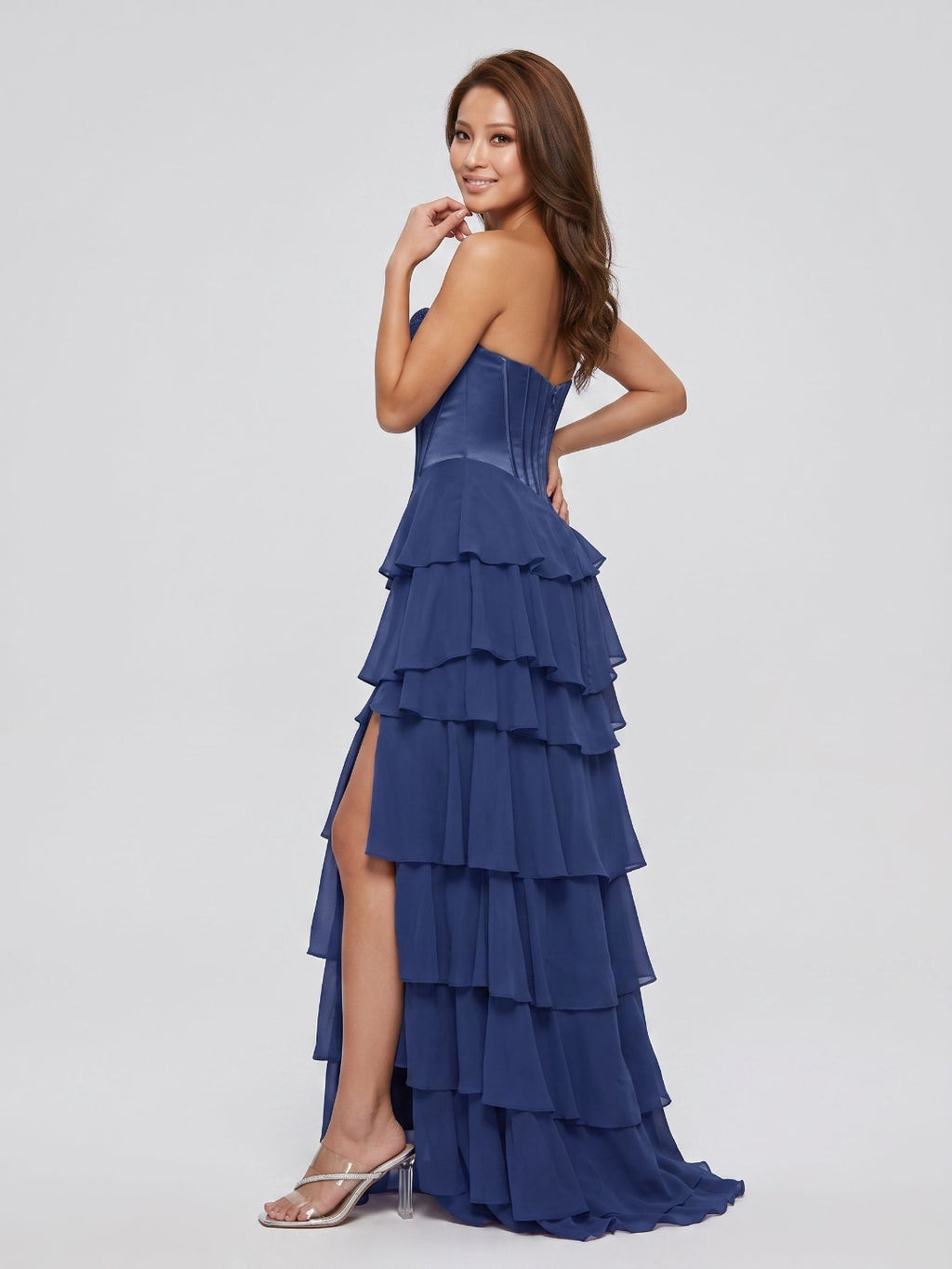 Navy Blue Chiffon A-Line Sweetheart Back Zip Floor-Length Dress