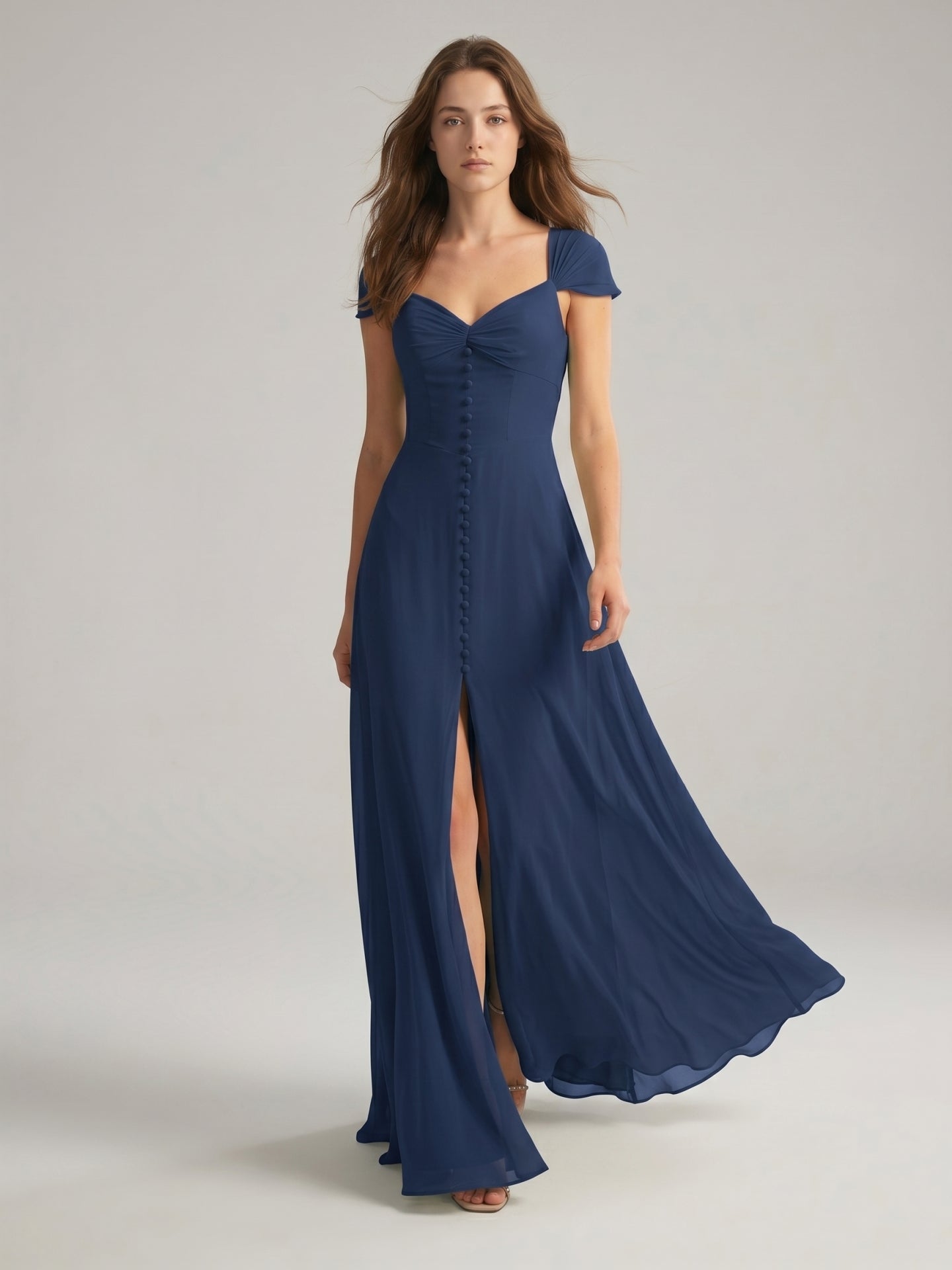Navy Blue Chiffon A-Line Sweetheart Backless Floor-Length Bridesmaid Dress