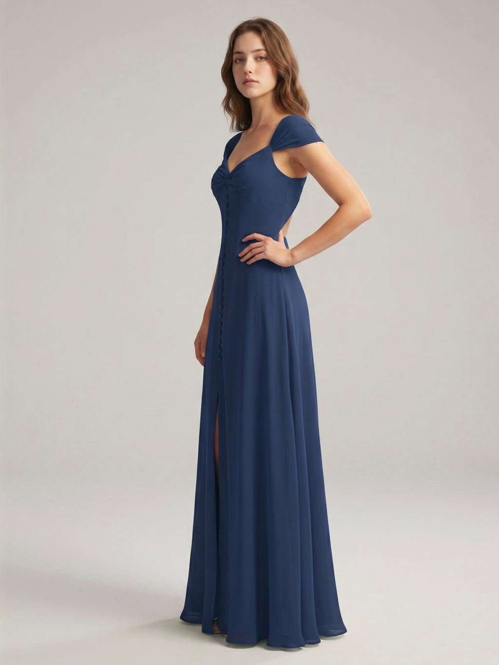Navy Blue Chiffon A-Line Sweetheart Backless Floor-Length Bridesmaid Dress
