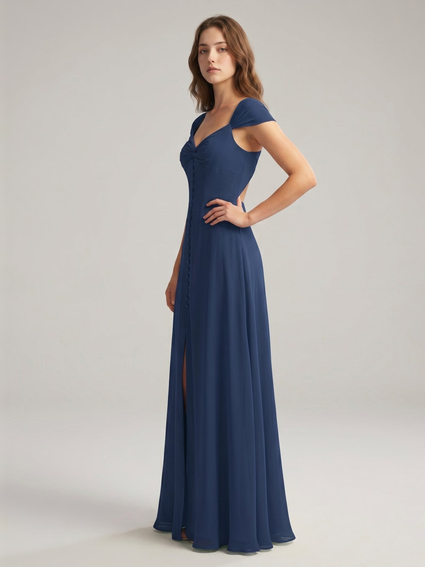Navy Blue Chiffon A-Line Sweetheart Backless Floor-Length Bridesmaid Dress