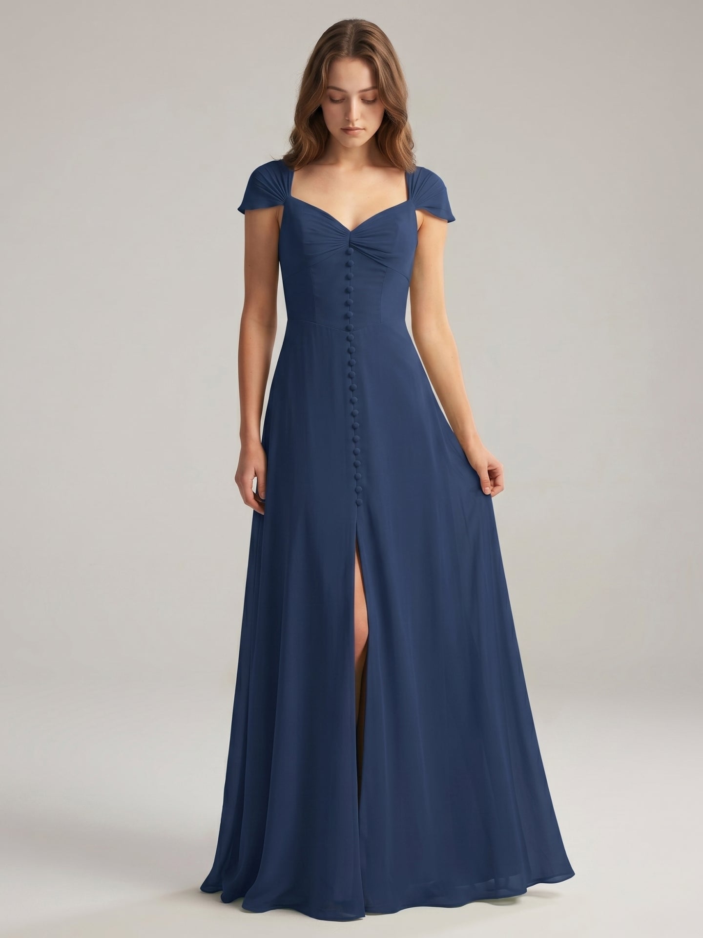 Navy Blue Chiffon A-Line Sweetheart Backless Floor-Length Bridesmaid Dress